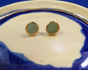 Green porcelain stud earrings,gold touch,handmade Ceramic Jewelry,Green,Silver earrings,minimalist jewelry,*