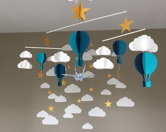 Kinetic baby mobile origami montessori turquoise, midnight blue and duck blue golden stars