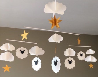 Mobile bambino bambino cinetico montessori pecore nuvole e stelle decorazione della stanza origami bianco e oro