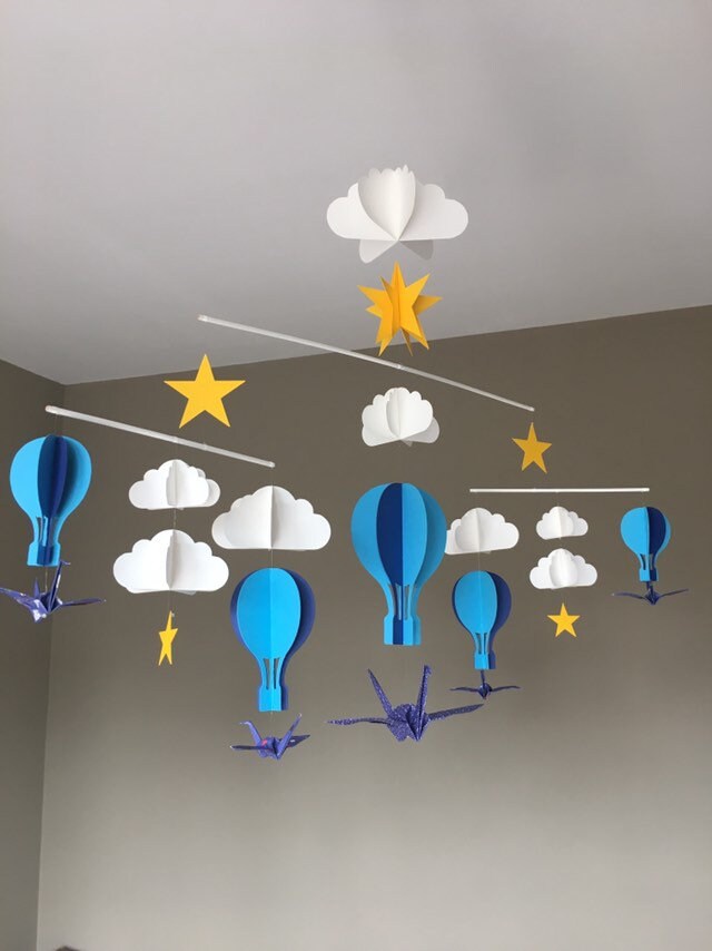 Mobile Bébé Bleu Origami Montessori Cinétique Montgolfières Nuage Étoile