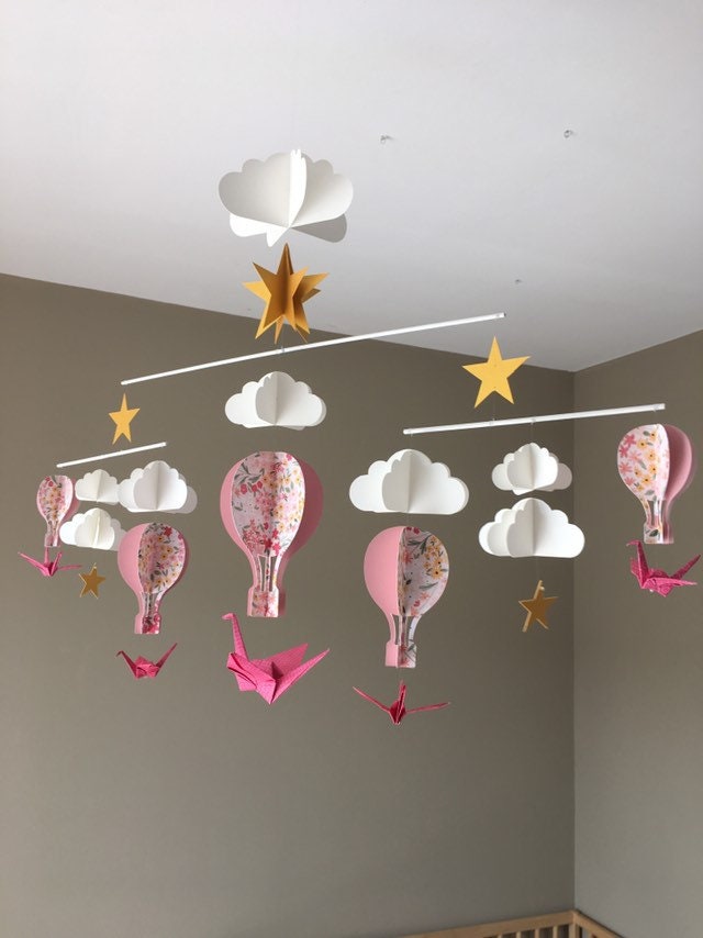 Mobile Bébé Montgolfière Montessori Rose à Motif Fleuri Origami Décor Pépinière