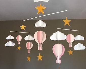 Mobile bébé cinétique origami montessori rose montgolfière nuage étoiles