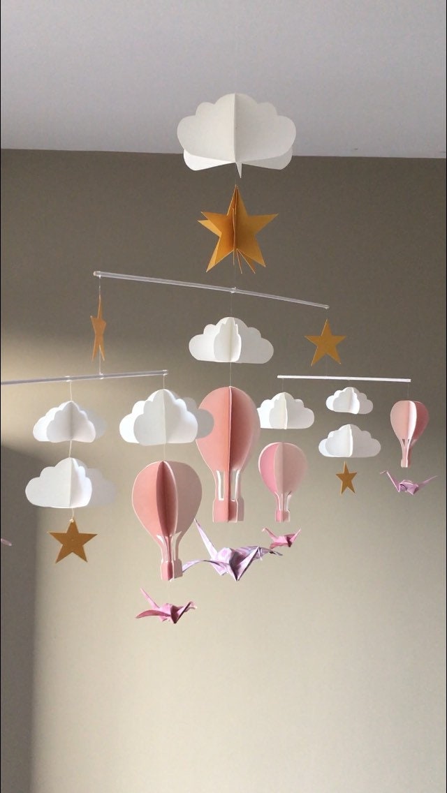 Mobile Bébé Fille Montgolfière Rose Nuage Étoile Origami Montessori