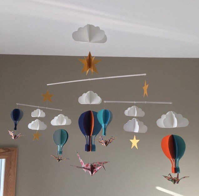 Mobile Bébé Cinétique Montgolfières Origami Montessori Nuages Oiseau Multicolores Étoiles