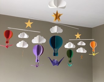 Mobile bébé origami arc en ciel montessori montgolfière nuage étoiles oiseau eveil