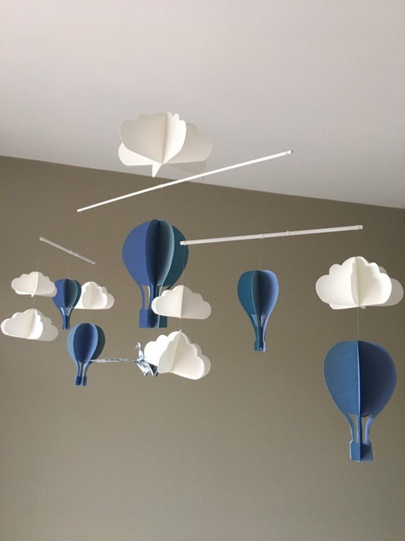 Mobile bébé cinétique montgolfières origami bleu gris nuages blanc image 3