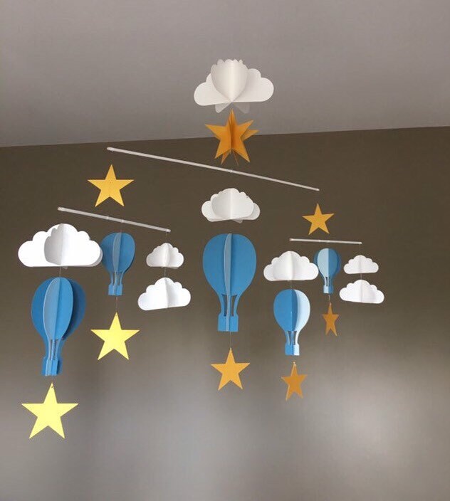 Mobile Bébé Montessori Montgolfière Bleu Nuage Étoile Cinétique Garçon