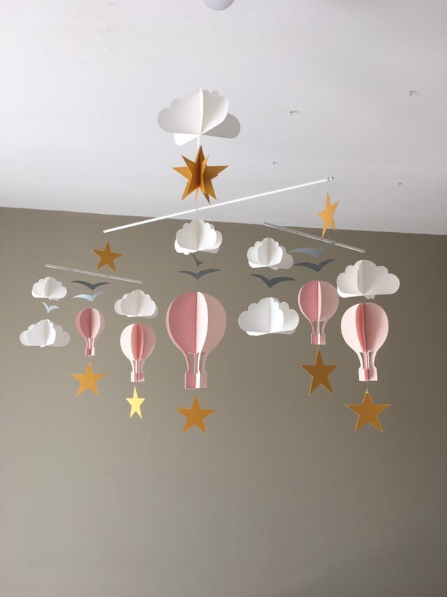 Mobile Bébé Décor Pépinière Montgolfière Rose Étoile Nuage Oiseau Montessori