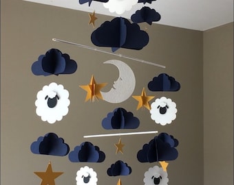 Mobile baby pecore luna stella nuvola d'oro blu notte navy arredamento montessori vivaio