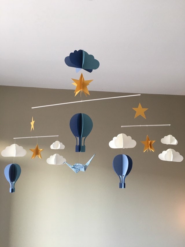 Mobile Bébé Cinétique Bleu Garçon Origami Montgolfière Nuage Étoile Montessori