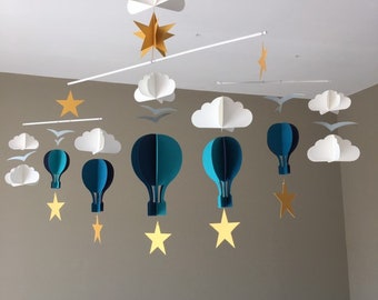 Mobile bébé montgolfières bleu montessori nuage étoile oiseau décor pouponnière
