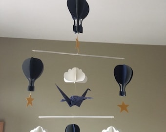 Baby mobile hot air balloon montessori origami midnight blue gray golden stars