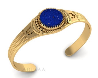 Bracciale rigido in lapislazzuli, bracciale in oro 18 carati, bracciale con gemma blu ovale, gioiello d'ispirazione vintage