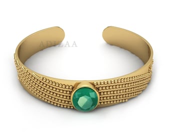 Dotted Pattern Gemstone Cuff Bracelet, Green Onyx Faceted Gemstone Bangle With 18k Gold Filled , Handmade Bangle For Gift