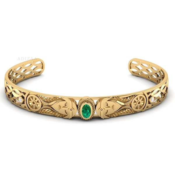 Emerald Gemstone Modern Bangle Bracelet, Egyptian Bangle Bracelet Artistic Design With Oval Shape Bracelet, 18k Gold Filled Bangle For Women