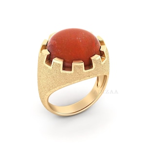 Red Jasper Round Shape Heavy Signet With Sand Finish Textured Ring, 18k Gold Finish High Quality Gemstone Ring For Women, Gift For Him