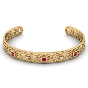 Ruby Gemstone Bangle, Floral Weaved With Modern Filigree Pattern Multistone Modern Bracelet, High Quality Brass CZ Gemstone Bangle For Women