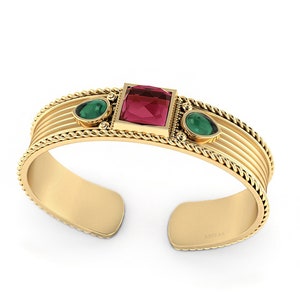 Rosa Turmalin Boho Armband, Smaragd Birne Manschette Armreif, 18 Gold Finish Messing Armband, Multi Edelstein Vintage verstellbar Armband für Sie