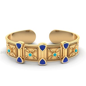 Lapis With Arizona Turquoise Modern Floral Shape Textured Cuff Bangle, High Quality Cuff Bangle Bracelet, 18k Gold Filled Bangle For Women