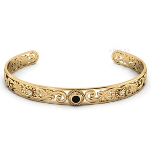Piccolo bracciale rigido con castone rotondo in onice nero, braccialetto floreale vintage per giovani donne, braccialetto con pietra preziosa onice nero con finitura in oro 18k, regalo per lei