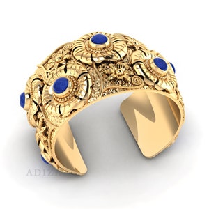 Bracelet jonc lapis pierre gemme, lapis lazuli floral texturé en relief 3D pour femme, jonc vintage finition or 18 carats