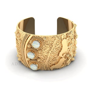 Horses Riding filigree Heavy Cuff Bracelet, White Opal Gemstone With 18k Gold Filled Creative Bangle, Adjustable Bracelet, Birthday Gift