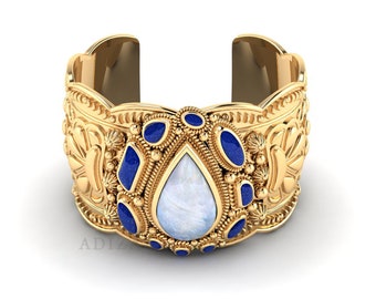 Big Pear Floral Cuff Armband, Regenbogen Mondstein & Lapis Lazuli Edelstein Designer Gold gefüllter Armreif, texturiertes verstellbares Armband Geschenk