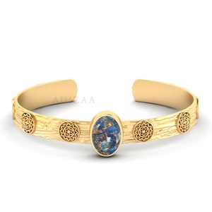 Lapis Copper Tree Bark Embossed Textured Cuff Bracelete With Chakras Motif, 18k Gold Finish Cuff Bangle Jewelry For Mom, Jewelry Wholesaler