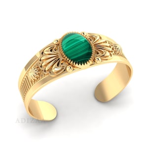 Big Malachite Oval Stone Textured Cuff Vintage Bracelet, Natural Gemstone Bangle With 18k Gold Finish, Vintage Cuff Bangle Women Jewelry