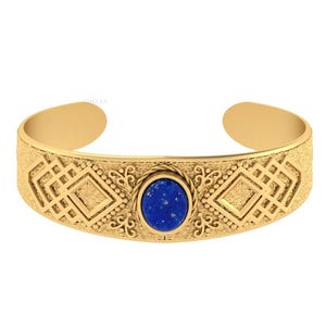 Lapis Lazuli Cuff Boho Bracelet, Blue Lapis Gemstone Bangle, 18k Gold Finish Textured Bangle Bracelet, Moroccan Adjustable Bangle For Mom