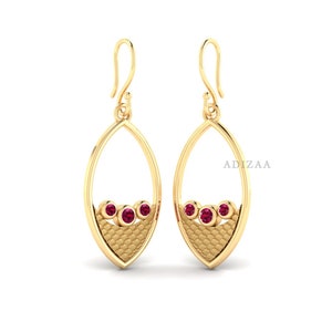 Drop Earrings, Ruby, Emerald, Sapphire Gemstone Marquise Earrings With Fish Pattern Texture, 18k Gold Finish Dangle Earrings For Gift