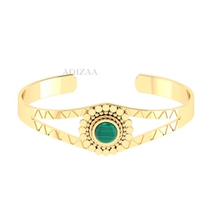 Round Green Malachite Cuff Bangle Bracelet, Designer 18k Gold Filled Heavy Cuff Bracelet For Women, Moroccan Bangle For Birthday Gift