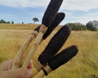 Shamanic drum beater. Seidr drum. Hebridean wool and foraged wood. Hand felted in the UK