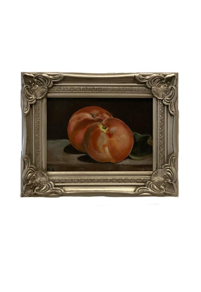 Peaches: Oil painting on canvas. Framed still life. Original oil painting. Framed oil painting. Still life. Vintage oil painting.