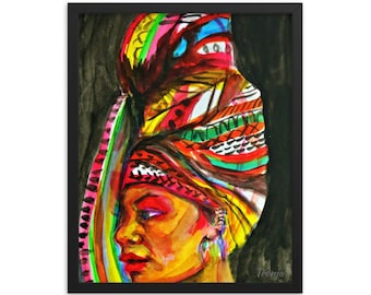 Fine Art Print, Black Woman, Portrait of a woman with Colorful Head Wrap, titled "Wrapped"by TRONJA