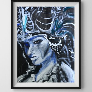 額入りアートプリント、戦士の女性、王冠をかぶった肖像画、「Azure」、TRONJA 作