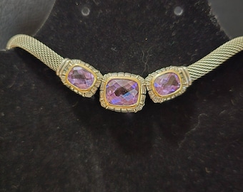 Collar de malla de plata esterlina vintage con amatistas facetadas y