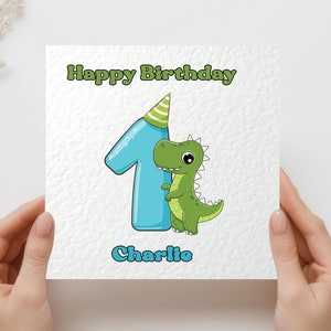 Cartão de aniversário personalizado com nome e idade de dinossauro, cartão quadrado branco martelado, 6" x 6" para bebê menino
