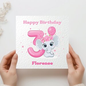 Cartão de aniversário personalizado com nome e idade, elefante rosa, primeiro, segundo, terceiro aniversário, cartão quadrado branco martelado, 6" x 6" para menina