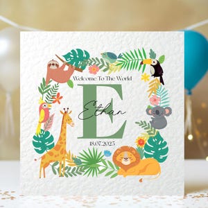 Carte de naissance personnalisée avec nom et date pour nouveau-né Carte de naissance pour bébé garçon fille Bienvenue dans le monde Carte de naissance Animaux mignons de la forêt tropicale