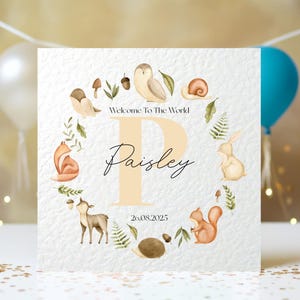 Tarjeta personalizada con nombre y fecha para bebé recién nacido, tarjeta de bienvenida al mundo para bebé niño niña, tarjeta de recién nacido con lindos animales del bosque, tarjeta de nacimiento