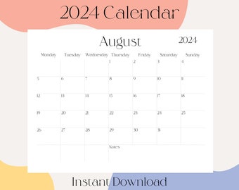 2024 Monthly Calendar With Notes Section Landscape Simple Calendar Sunday & Monday Start A4 and Letter Size Printable Instant PDF Download
