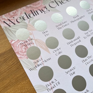 May include: A pink and green floral wedding checklist with a white background. The checklist includes tasks such as booking the venue, sending save the dates, ordering the cake, and planning the decor.