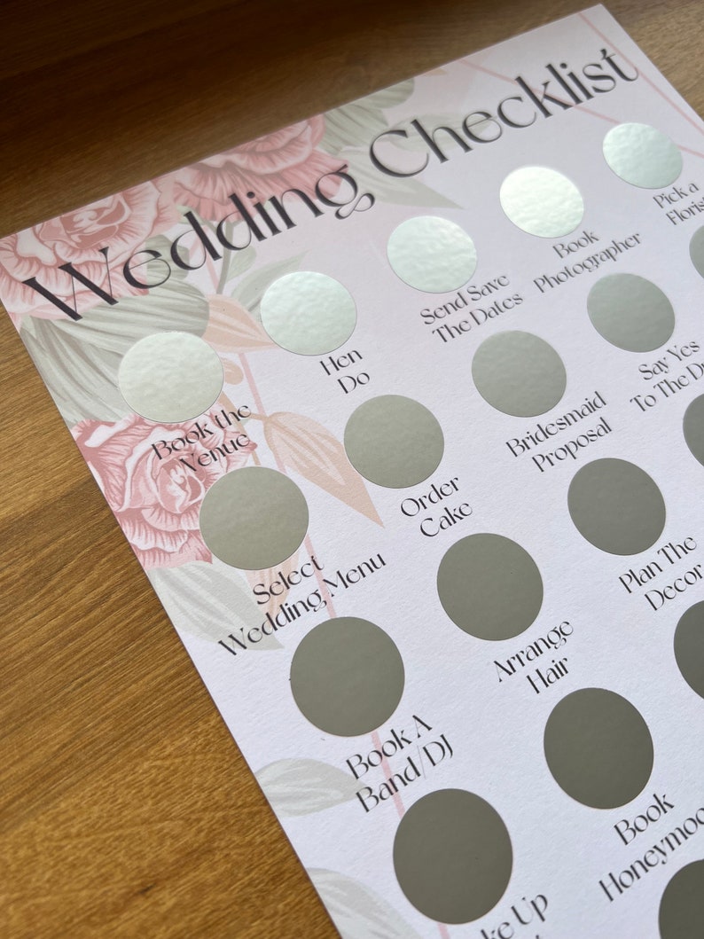 May include: A pink and green floral wedding checklist with a white background. The checklist includes tasks such as booking the venue, sending save the dates, ordering the cake, and planning the decor.