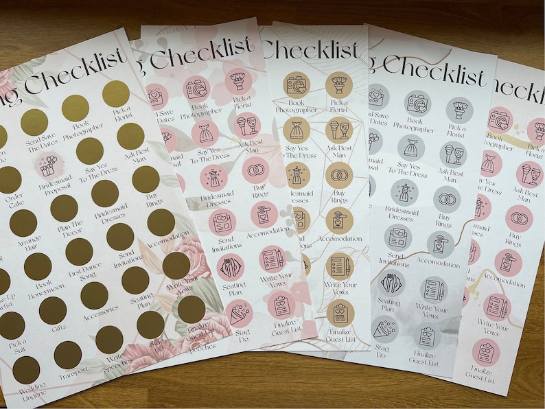 May include: Five checklists for wedding planning with gold and pink floral designs. Each checklist has a series of circles with icons and text, such as "Book Photographer", "Pick a Florist", "Say Yes to the Dress", and "Ask Best Man".