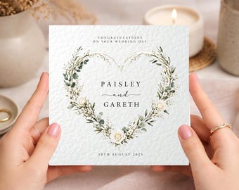 Wedding Congratulations Card Personalised | Just Married Card | Mr & Mrs Wedding Card | Floral Flower Heart Wedding Card