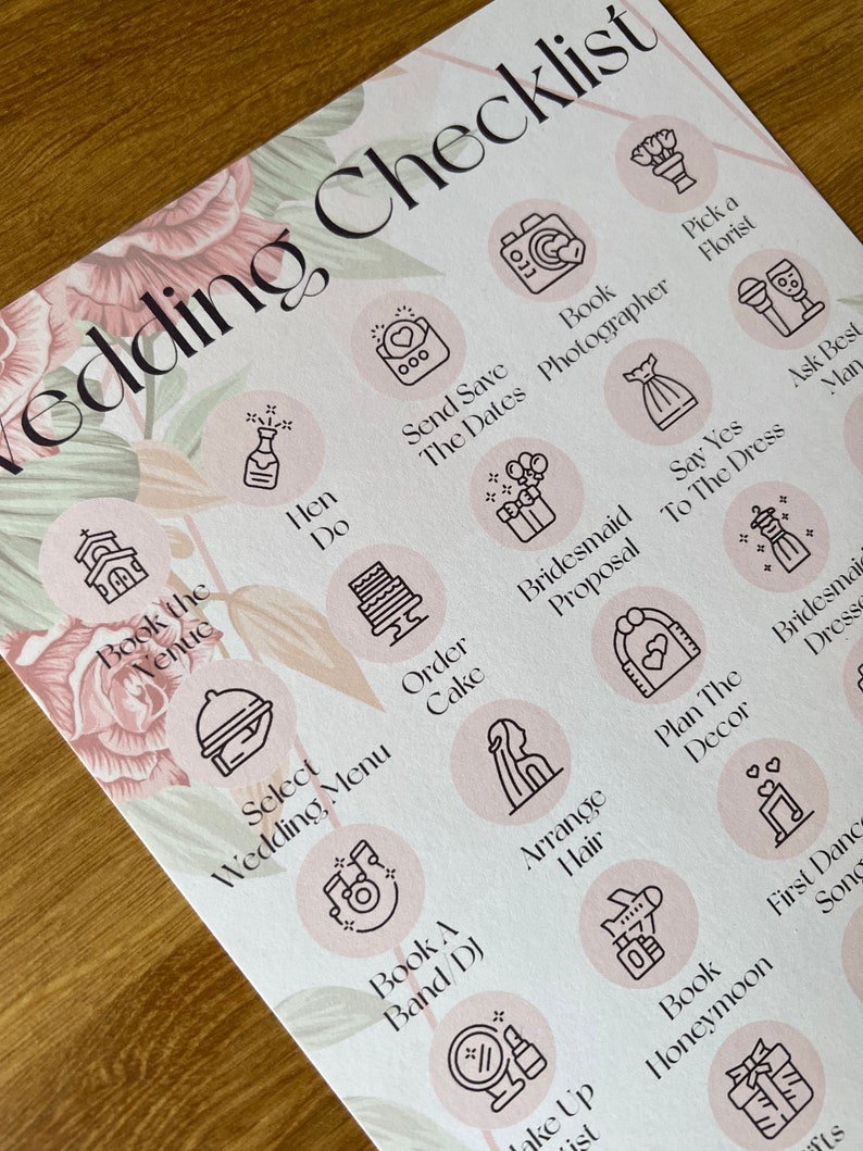 May include: A wedding checklist with pink floral accents and icons representing different tasks to plan for a wedding. The checklist includes tasks such as booking the venue, sending save the dates, ordering the cake, and planning the decor.