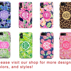 May include: Eight different phone cases with various floral and animal print designs. Each case features a monogrammed circle with the letters ABC in a different color and font.