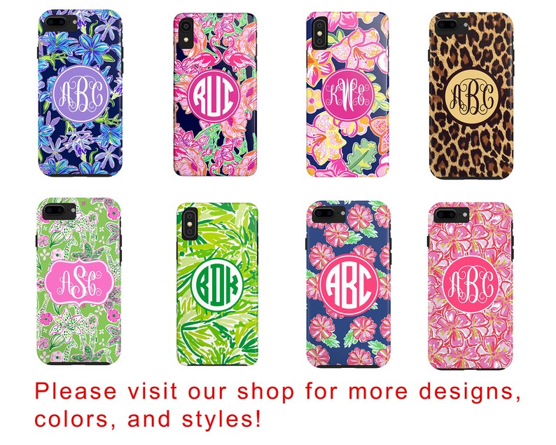 May include: Eight different phone cases with various floral and animal print designs. Each case features a monogrammed circle with the letters ABC in a different color and font.