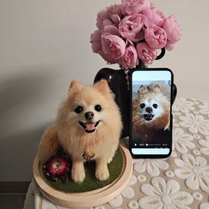Op de afbeelding: Een pluizige, bruin-beige Pomeranian-hondensculptuur met een vrolijke uitdrukking, gepresenteerd op een houten voet met een groen oppervlak en een rode bloem. Een smartphone toont een vergelijkbare afbeelding. Een zwarte vaas bevat roze bloemen.